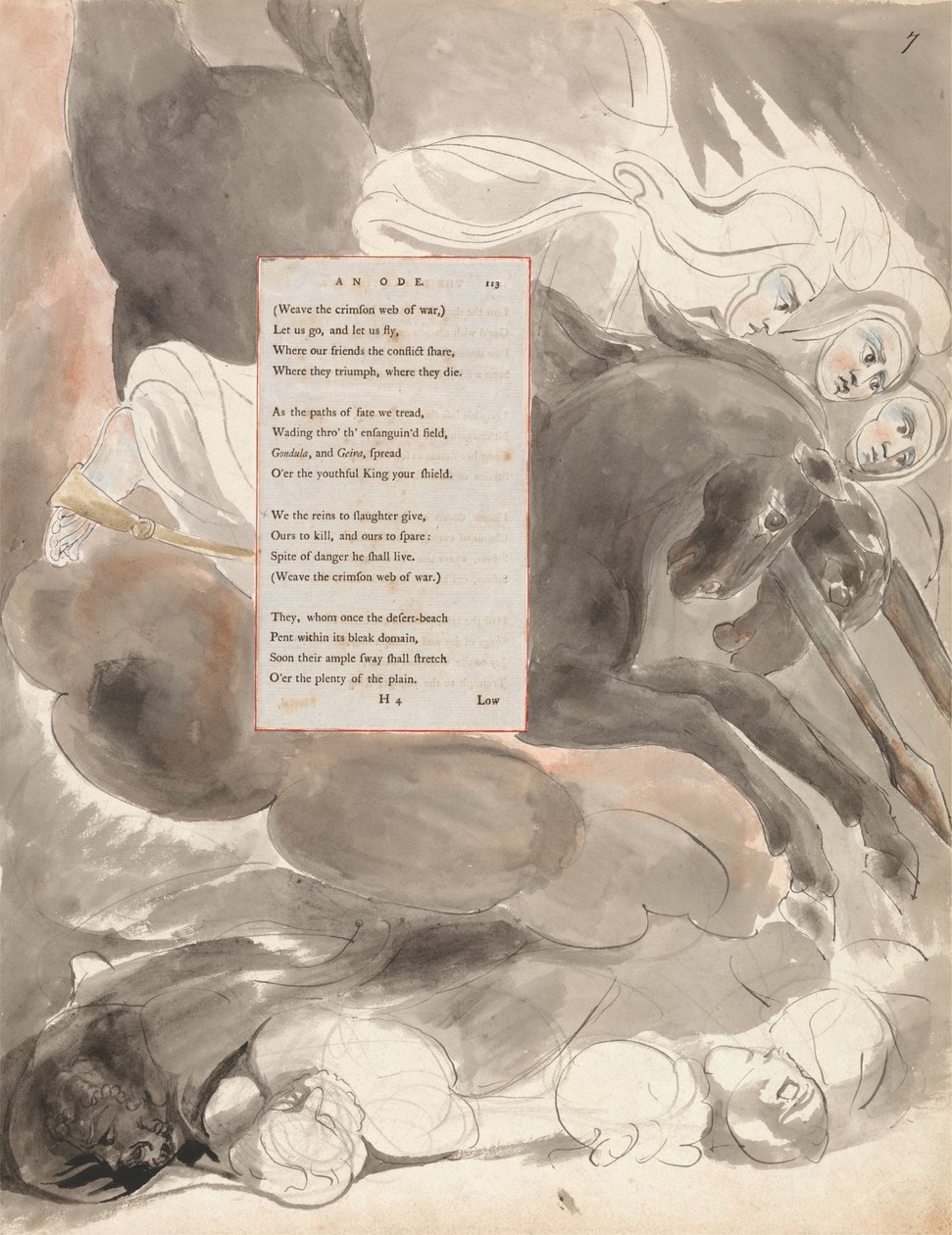 The Fatal Sisters, design 63 från The Poems of Thomas Gray, 1797-98 (wc med penna och bläck på papper) av William Blake
