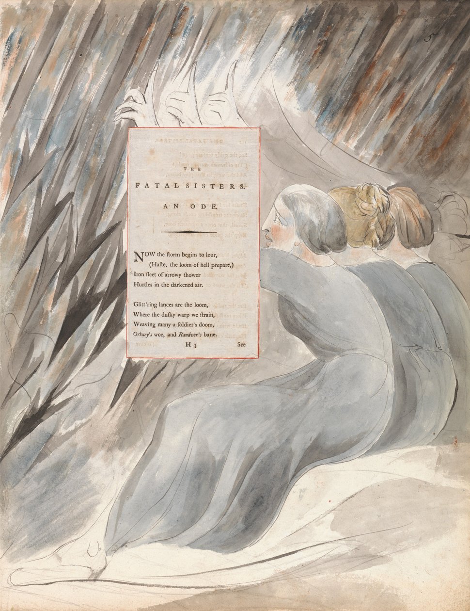 The Fatal Sisters, design 71 från The Poems of Thomas Gray, 1797-98 (wc med penna och bläck på papper) av William Blake