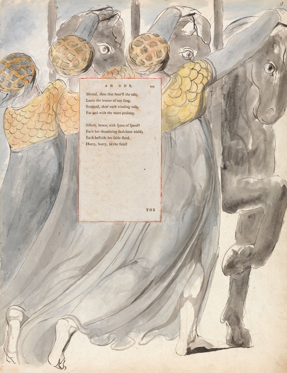 The Fatal Sisters, design 75 från The Poems of Thomas Gray, 1797-98 (wc med penna och bläck på papper) av William Blake