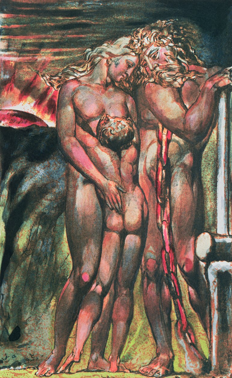 Urizens första bok; Los i smedjan med Enitharmon och Orc, som visar Los svartsjuka på Orc, hans barn, vilket resulterade i att gördeln stramade runt hans hals, 1794 (färgtryckt relief ets av William Blake