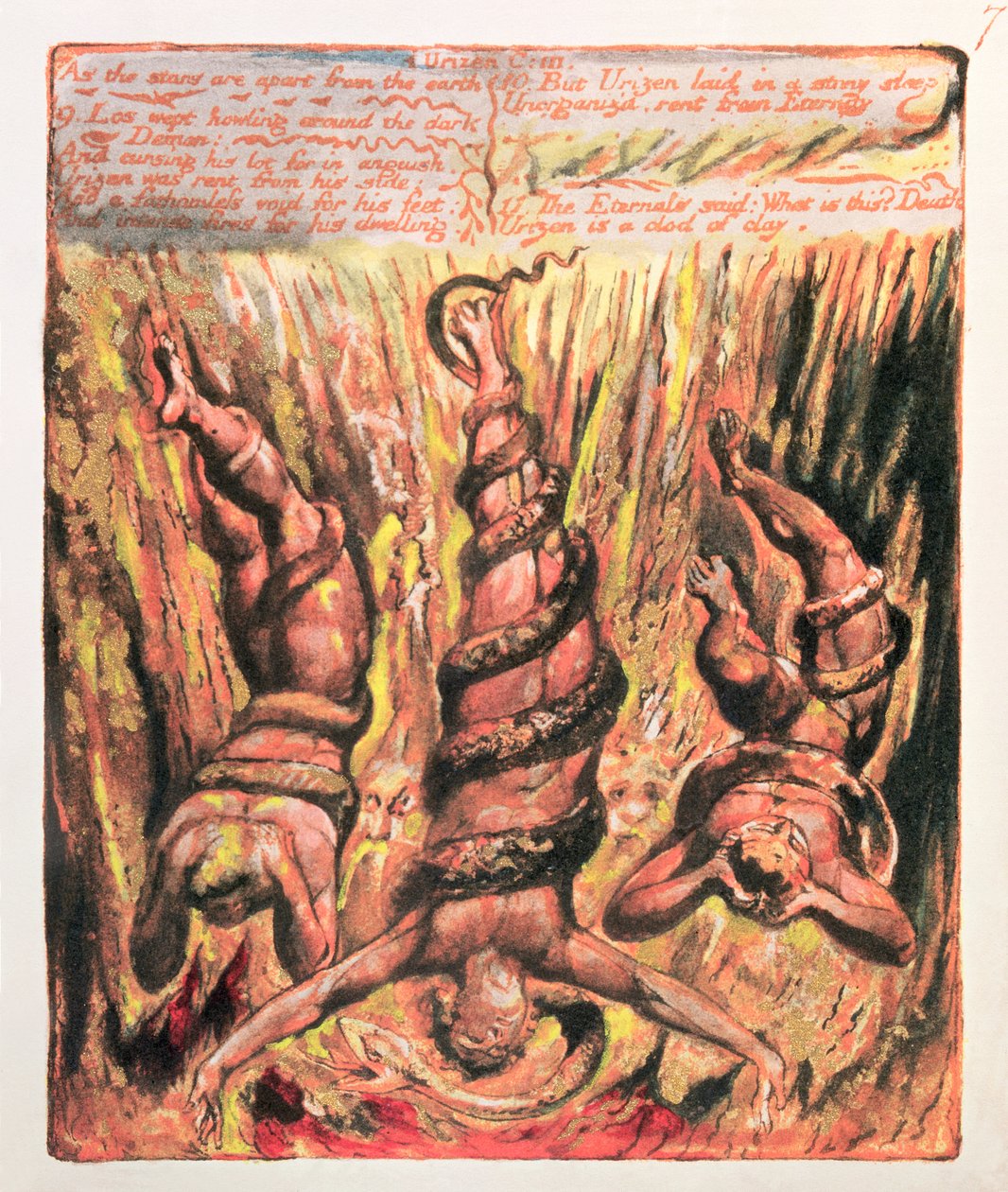 Urizens første bog; Da stjernerne er adskilt fra jorden, 1794 (farvetrykt relief ætsning) swed av William Blake