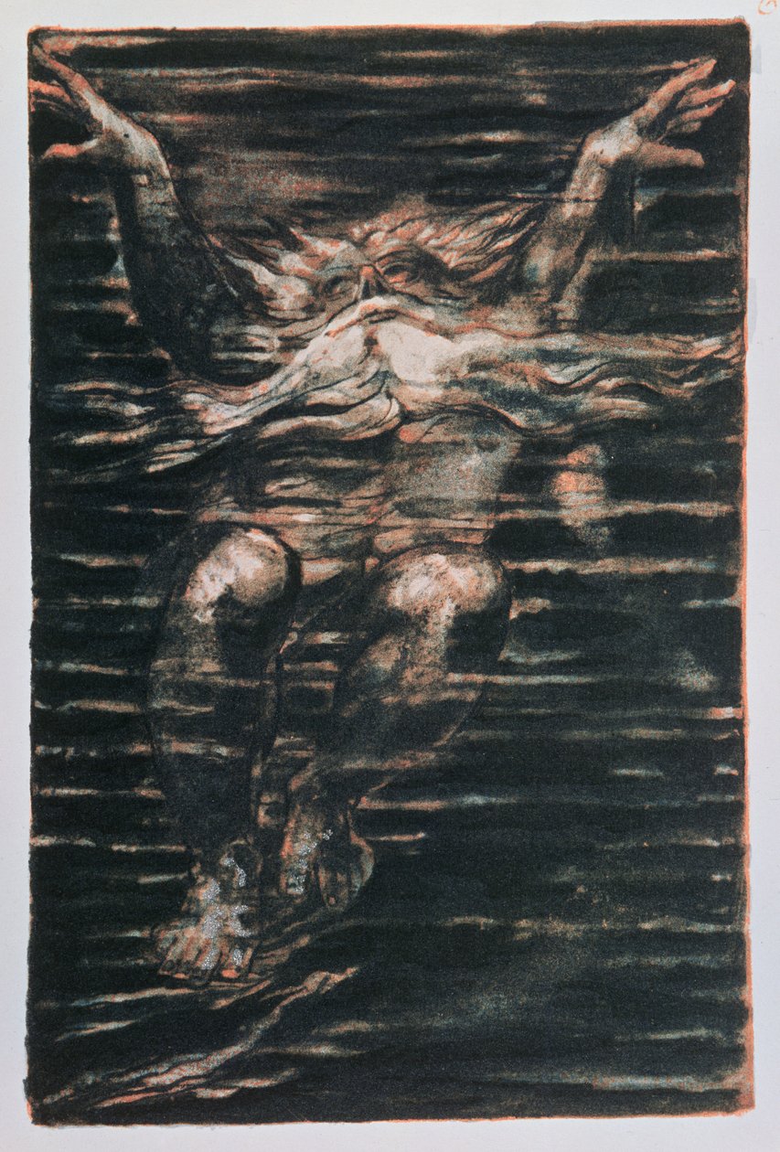 Urizens första bok; Skäggig man simmar genom vatten, 1794 (färgtryckt reliefetsning) av William Blake