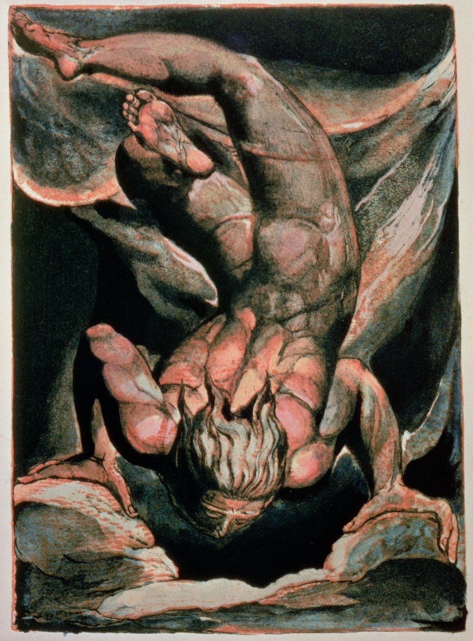 Urizens första bok; Man svävande upp och ner, 1794 (färgtryckt reliefetsning) av William Blake