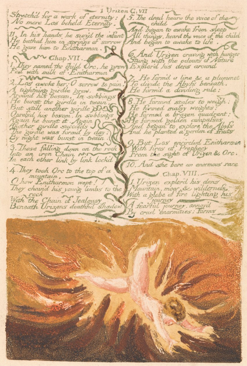 Urizens första bok, tallrik 19, Stretchd för ett evighetsarbete. . . . (Bentley 20) av William Blake