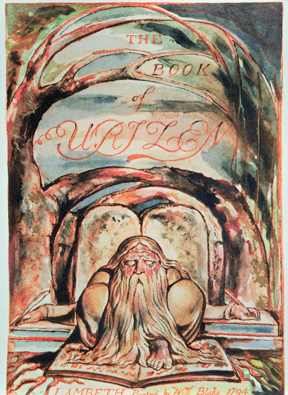 The First Book of Urizen; titelsida, som visar Urizen (som förkroppsligar det oupplysta förnuftet) sittande under mysterieträdet och skrivande "visdomens hemligheter" i sin "Book of Brass", 17 av William Blake