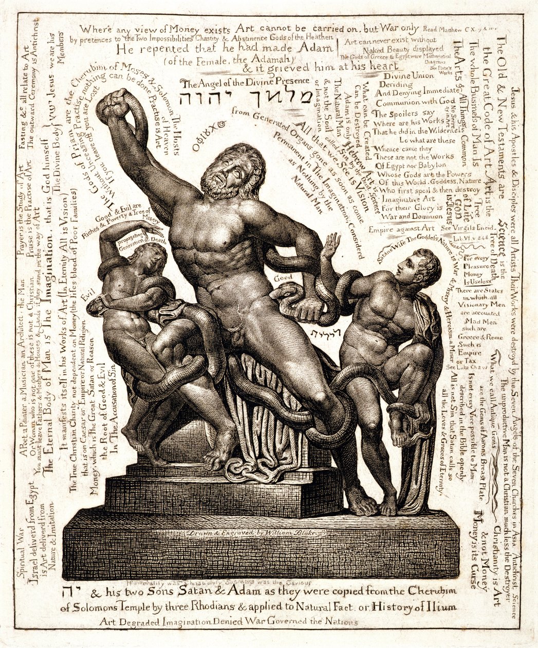 Laocoon som Jehova med Satan och Adam, ca 1820 (linjegravyr) av William Blake