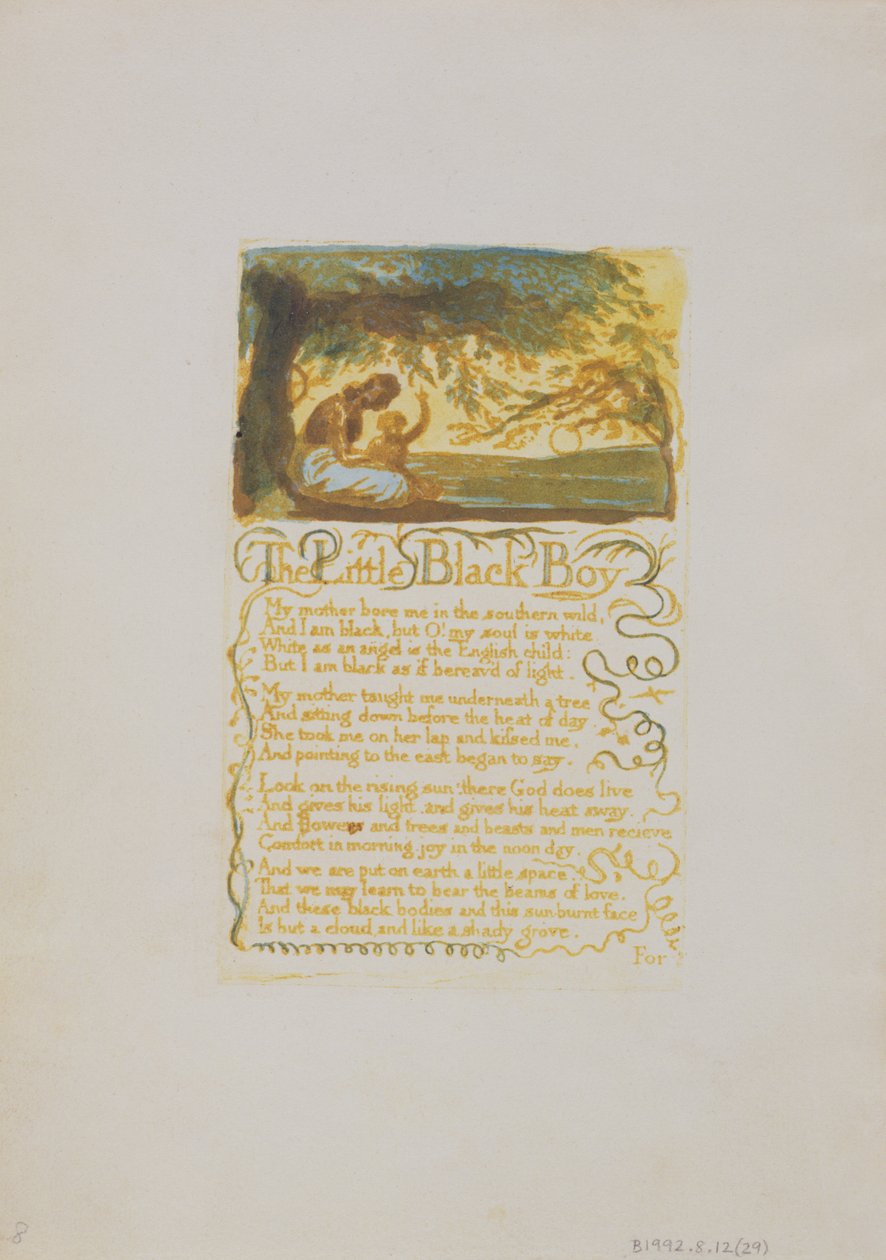The Little Black Boy, plåt 29 från Songs of Innocence, 1789 (reliefetsning med wc) av William Blake
