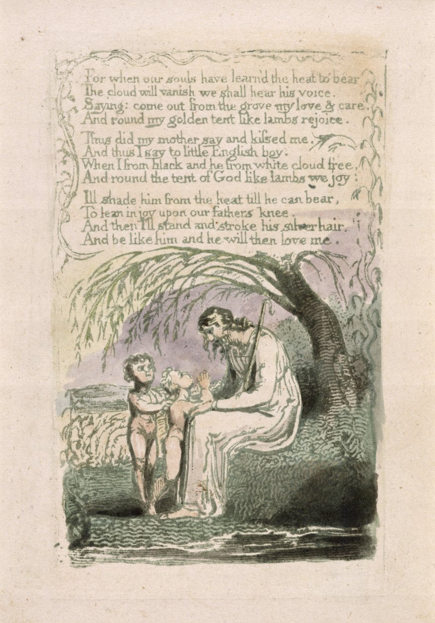 "Den lilla svarta pojken", tavla 6 från "Songs of Innocence", 1789 (handkolorerad reliefradering med wc på papper) av William Blake