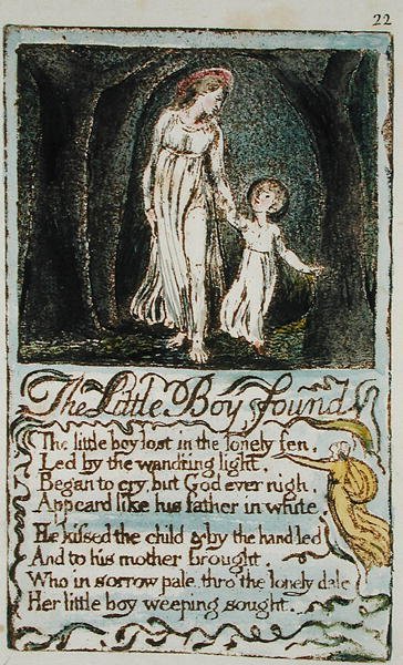 The Little Boy Found, illustration från Songs of Innocence and of Experience (Bentley Copy L) pl.22 (Bentley 14) 1789-94 (reliefetsning med penna och wc på papper) av William Blake