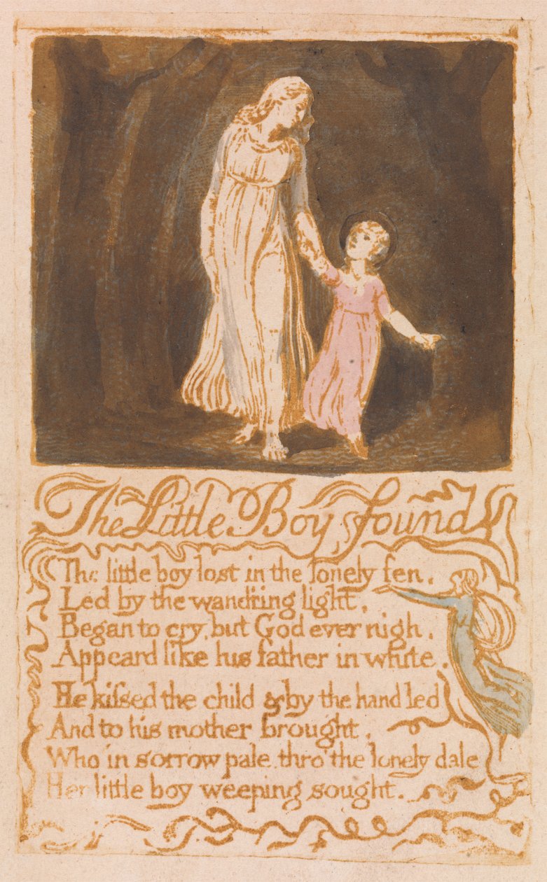 The Little Boy Found, skylt 21 från Songs of Innocence, 1789 (reliefetsning med wc) av William Blake
