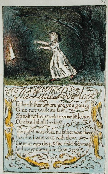 The Little Boy Lost, illustration från Songs of Innocence and of Experience (Bentley Copy L) pl.21 (Bentley 13) 1789-94 (reliefetsning med penna & wc på papper) av William Blake