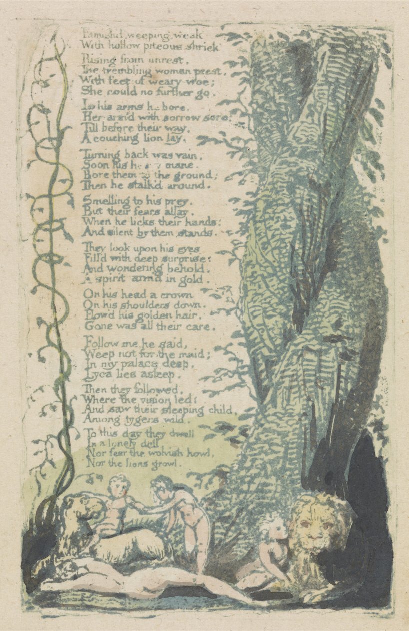 The Little Girl Found, and Famishd weeping..., skylt 2 från The Songs of Innocence, 1789 (handfärgad relief etsning med akvarell) av William Blake