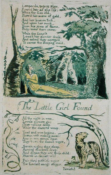 The Little Girl Lost and Leopards, tygers play..., and The Little Girl Found plåt 20 från Songs of Innocence, 1789 (handfärgad relief etsning med akvarell) av William Blake