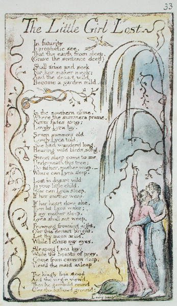 The Little Girl Lost, plåt 33 (Bentley 34) från Songs of Innocence and of Experience (Bentley Copy L) 1789-94 (reliefetsning med penna och wc) av William Blake