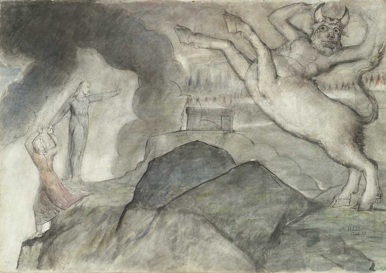 Minotauren, illustration till den gudomliga komedin av Dante Alighieri, 1824-27 (penna och bläck med wc över penna och krita på papper) av William Blake