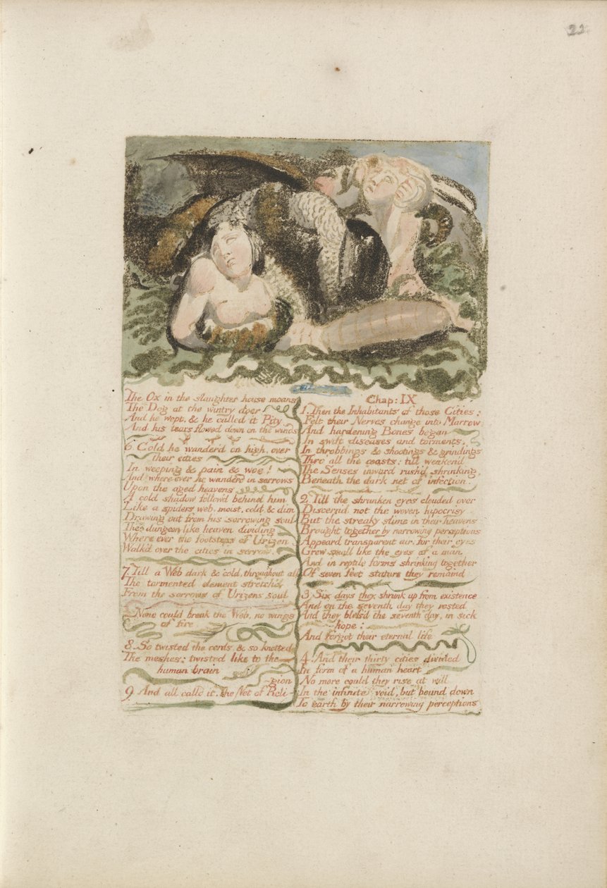 Oxen i slakteriet stönar..., plåt 26 från The First Book of Urizen, 1794 (färgtryckt reliefetsning med bläck och wc på papper) av William Blake