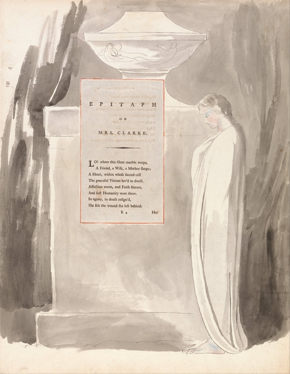 The Gray of Thomas Gray, Design 103, Epitaph on Mrs. Clarke. av William Blake
