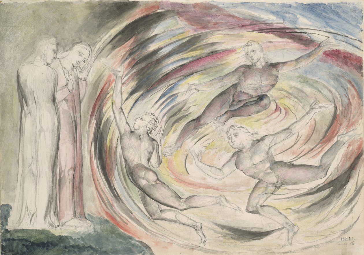 The Punishment of Rusticucci and his Companions, illustration till den gudomliga komedin av Dante Alighieri, 1824-27 (penna och bläck med wc över penna och krita på papper) av William Blake