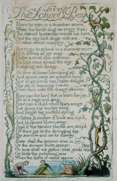 The School Boy, tavla 12 från Songs of Innocence, 1789 (handfärgad reliefetsning med akvarell) av William Blake