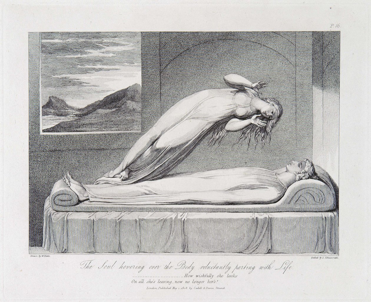 Själen som svävar över kroppen och motvilligt skiljer sig från livet av William Blake