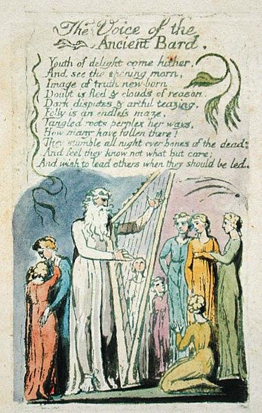 The Voice of the Ancient Bard, från Songs of Innocence, 1789 (handfärgad reliefetsning med wc på papper) av William Blake