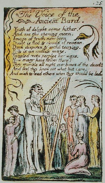 The Voice of the Ancient Bard, illustration från Songs of Innocence and of Experience, (Bentley Copy L) pl.25 (Bentley 54) 1789-94 (reliefetsning med penna & wc på papper) av William Blake