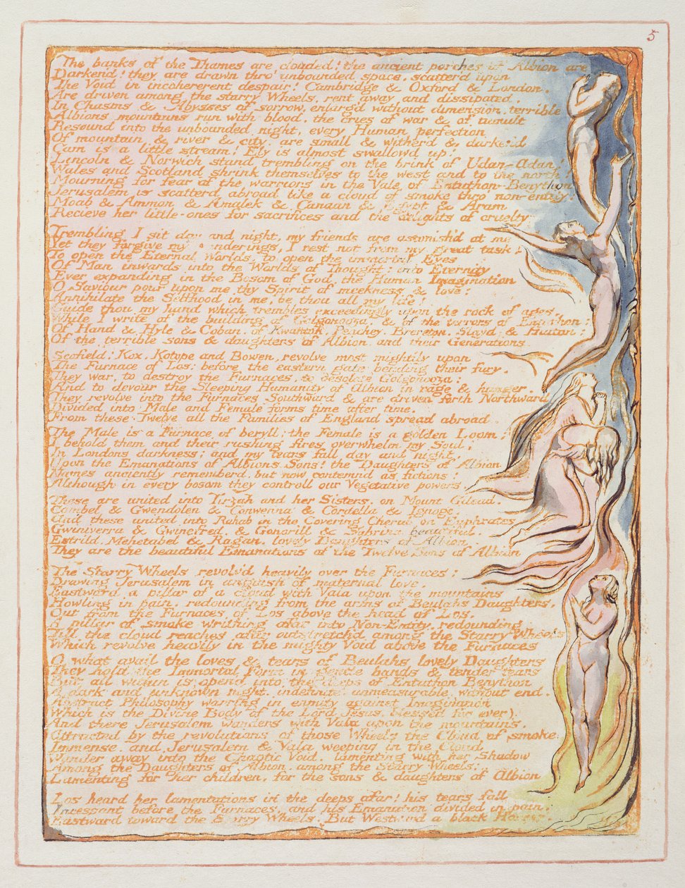 "Themsens stränder...", tavla 5 från "Jerusalem", 1804-20 (reliefgrafit med orange tryck med penna och wc) av William Blake