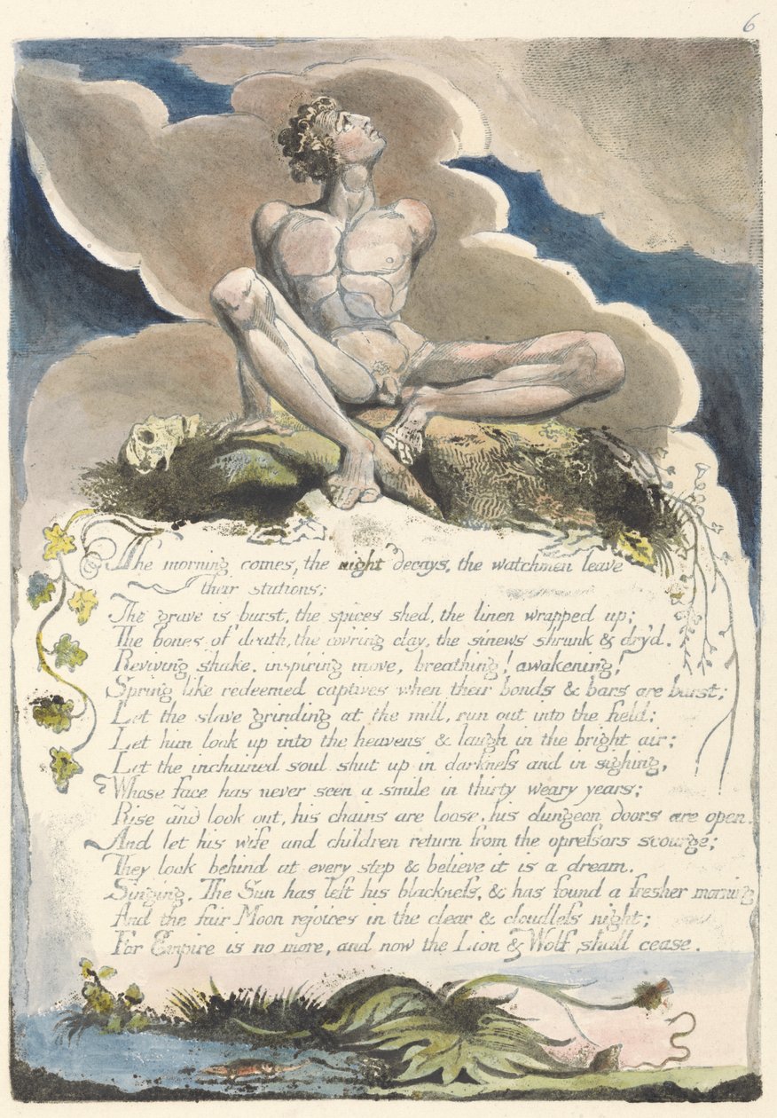 Morgonen kommer..., plåt 8 från Amerika: A Prophecy, 1793 (reliefetsning tryckt i svart med penna & bläck och wc) av William Blake