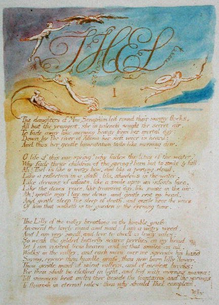 Thel I The Daughters of Mne Seraphim..., plåt 3 från The Book of Thel, 1789 (reliefetsning tryckt i brunt med wc på papper) av William Blake