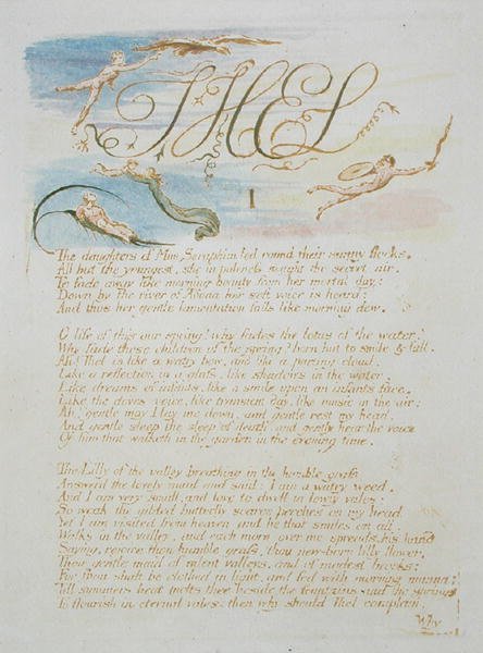 ThelIThe Daughters of Mne Seraphim..., plåt 3 från The Book of Thel, 1789 (handfärgad reliefetsning med penna och wc på papper) av William Blake