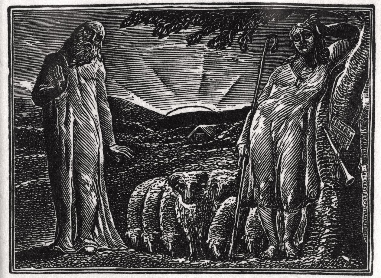 Thenot Remonstrerar med Colinet, illustration från dr Thorntons "The Pastorals of Virgil". av William Blake