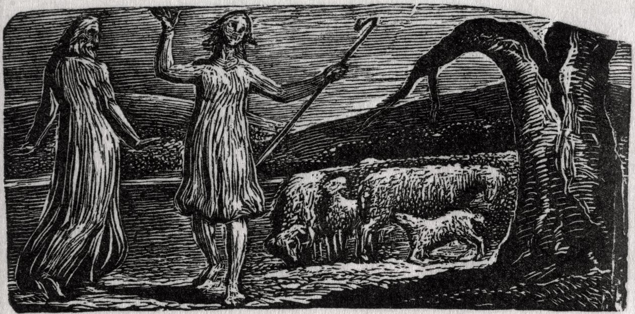 Thenot, med Colinet som viftar med armarna i sorg, illustration från Dr. Thorntons "The Pastorals of Virgil". av William Blake