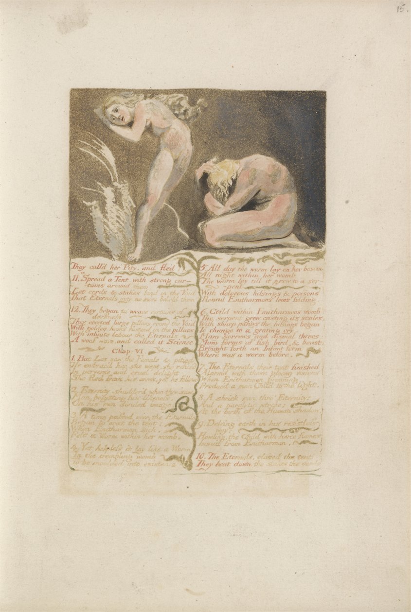 De kallade henne Pity och flydde..., plåt 19 från The First Book of Urizen, 1794 (färgtryckt relief etsning med bläck och wc på papper) av William Blake