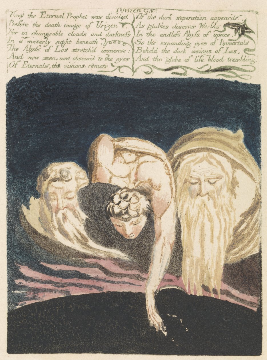 Sålunda delades den evige profeten..., plåt 13 från Urizens första bok, 1794 (färgtryckt reliefetsning med akvarell) av William Blake