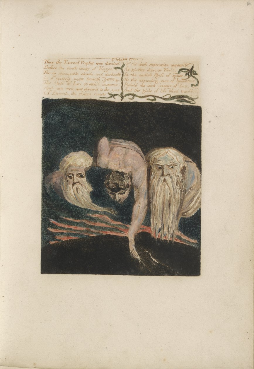Sålunda delades den evige profeten..., plåt 20 från The First Book of Urizen, 1794 (färgtryckt relief etsning med bläck och wc på papper) av William Blake