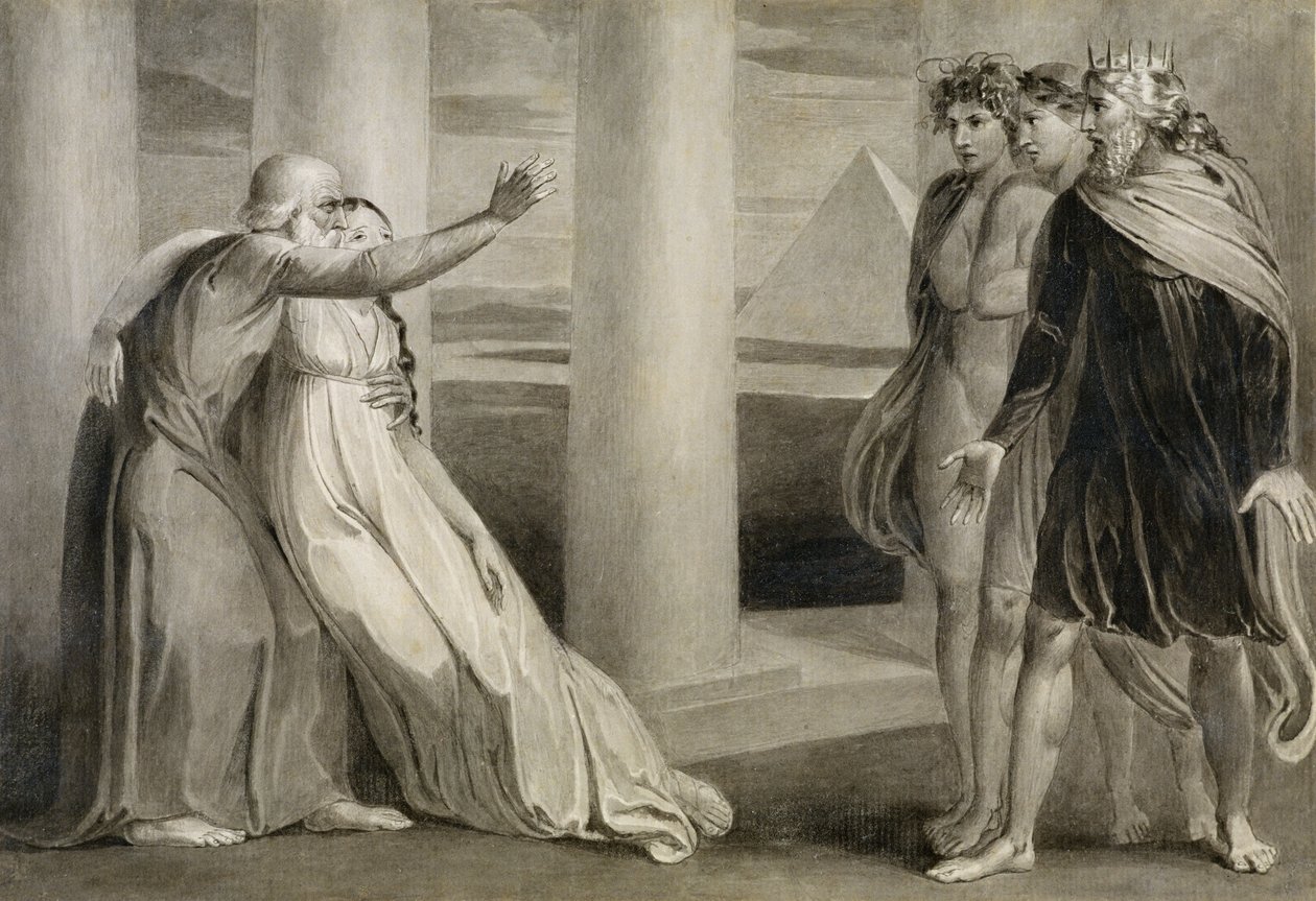 Tiriel stödjer den döende Myratana och förbannar hans söner, 1786-89 (penna, bläck och pensel på papper) av William Blake