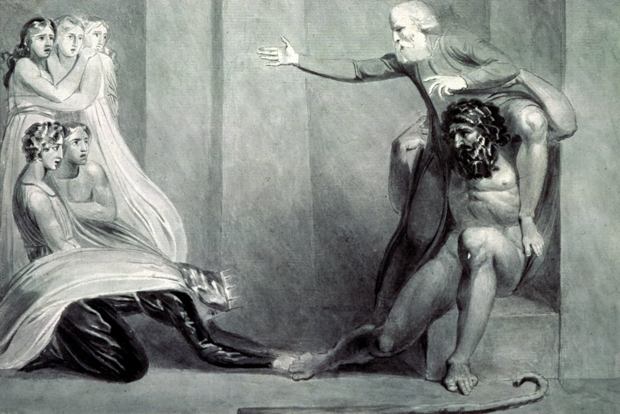 Tiriel, buren tillbaka till palatset på sin bror Ijims axlar, tilltalar sina fem döttrar av William Blake