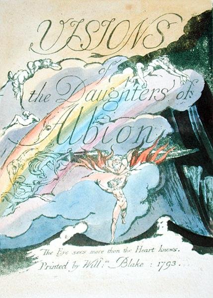 Titelsida, recto, plåt 2 från Visions of the Daughters of Albion, 1793 (reliefetsning tryckt i grönt med wc på papper) av William Blake