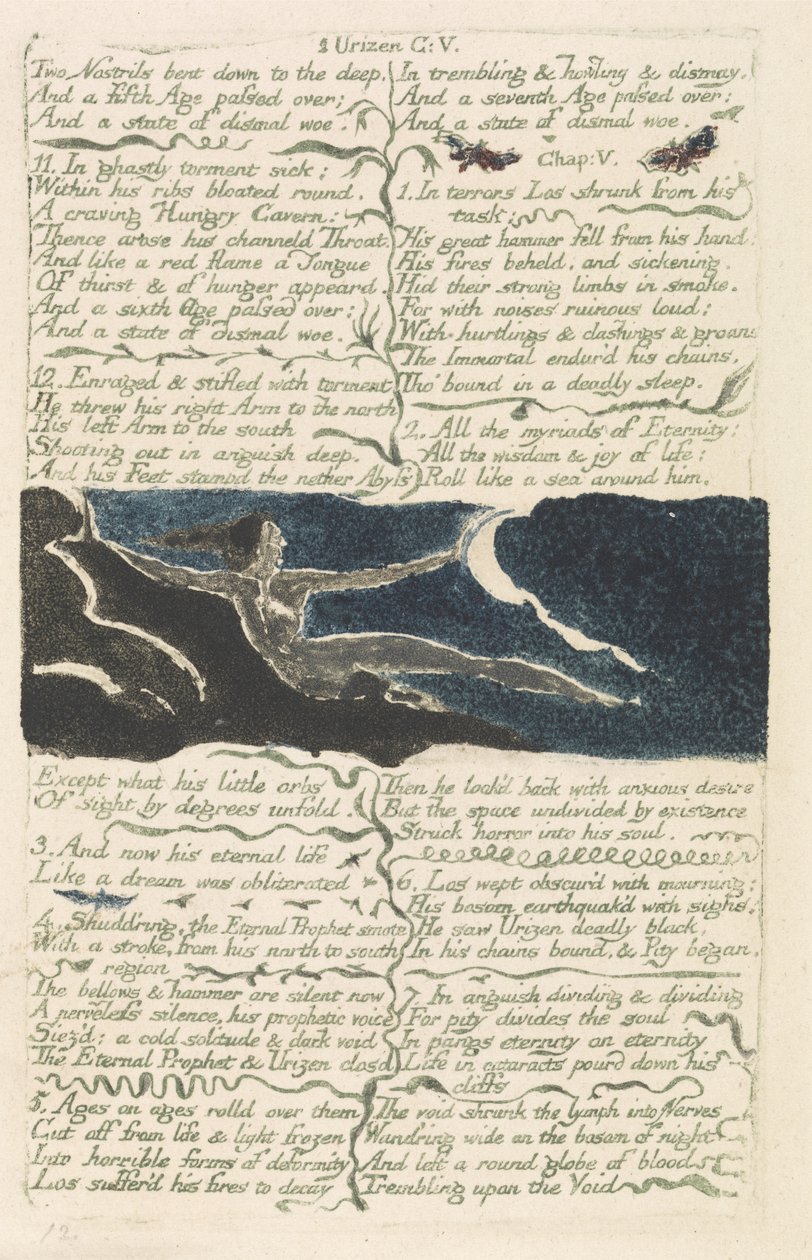 Two nostrils bent down to the deep..., plate 11 from The First Book of Urizen, 1794 (colour-printed relief etching with watercolour) av William Blake