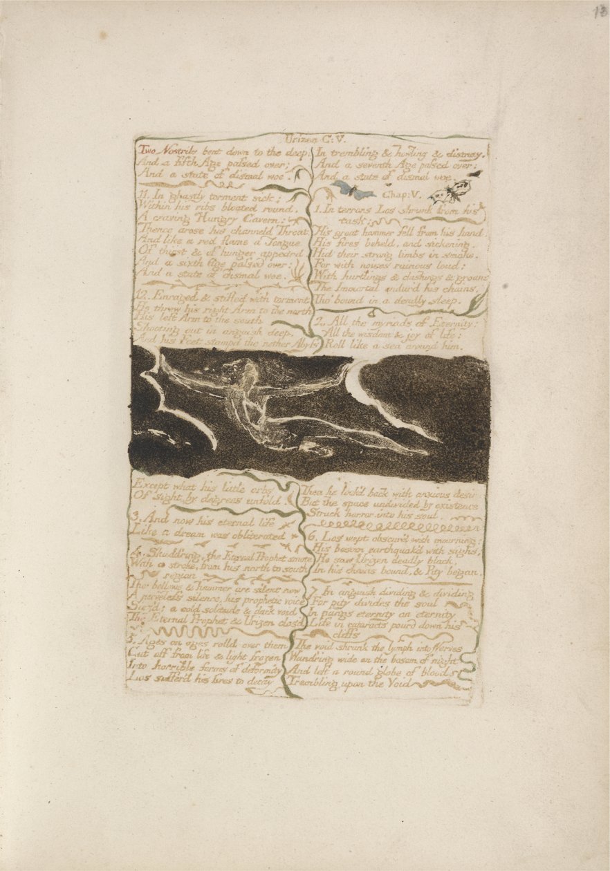 Två näsborrar böjda ner till djupet..., plåt 16 från The First Book of Urizen, 1794 (färgtryckt relief etsning med bläck och wc på papper) av William Blake