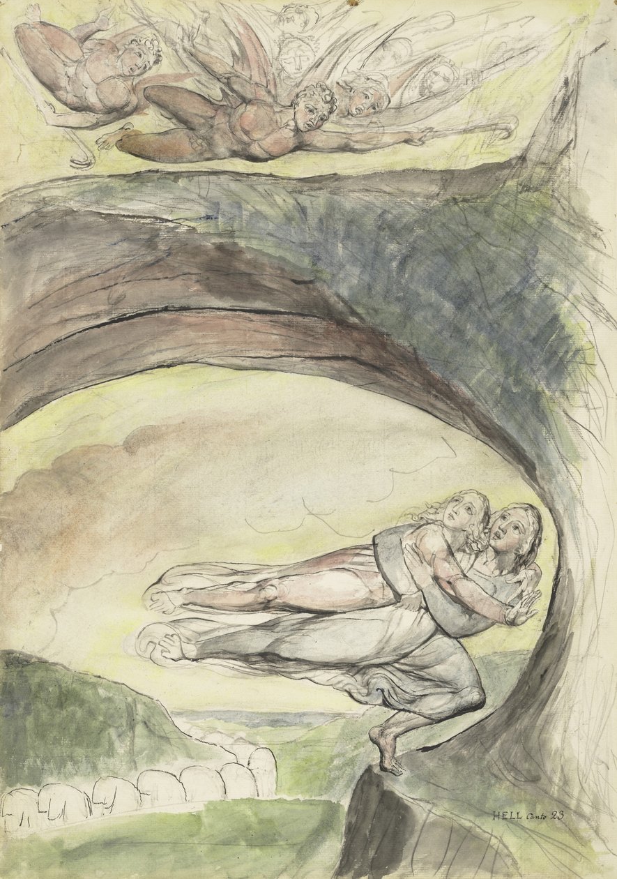 Virgil räddar Dante från de onda demonerna, illustration till den gudomliga komedin av Dante Alighieri, 1824-27 (penna och bläck med wc över penna och krita på papper) av William Blake