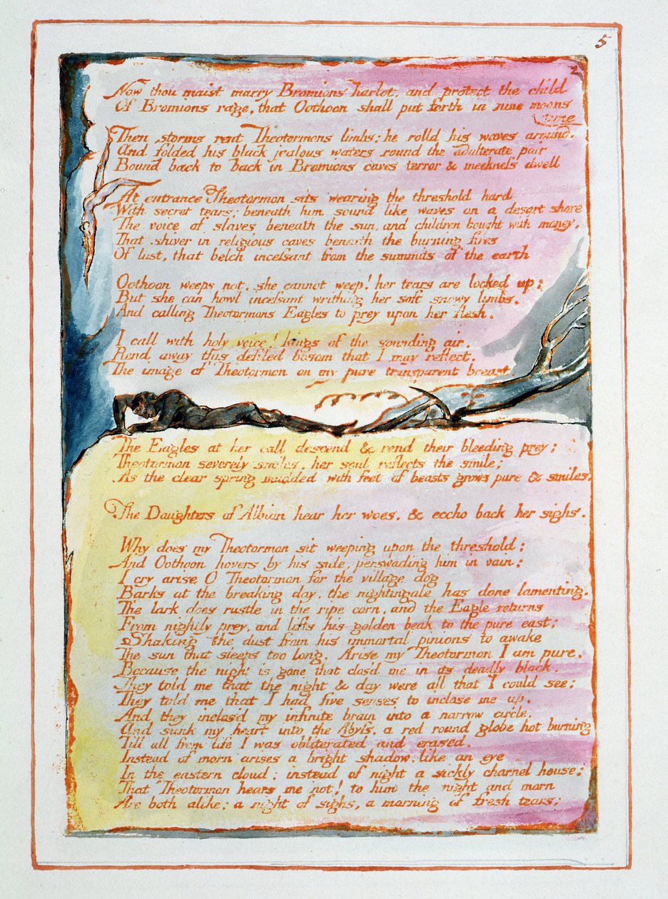Visions of the Daughters of Albion, "Now Thou Maist Marry Bromions Harlot...", tavla 5, ritad 1793, färdigställd ca 1815 (reliefradering med penna och vc på papper) av William Blake