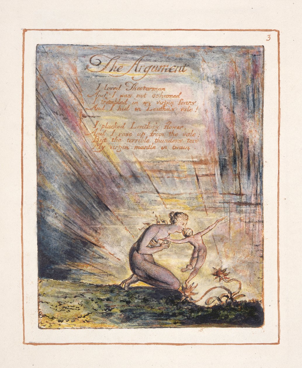 Visions of the Daughters of Albion: "The Argument", tavla 3, ritad 1793, färdigställd omkring 1815 (reliefgravyr med penna och vc på papper) av William Blake