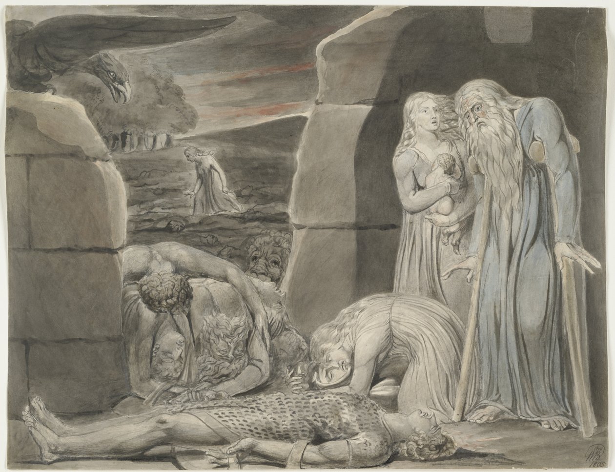 Krig, 1805 (wc, sort & grå blæk og grafit på råhvidt vævet papir) swed av William Blake
