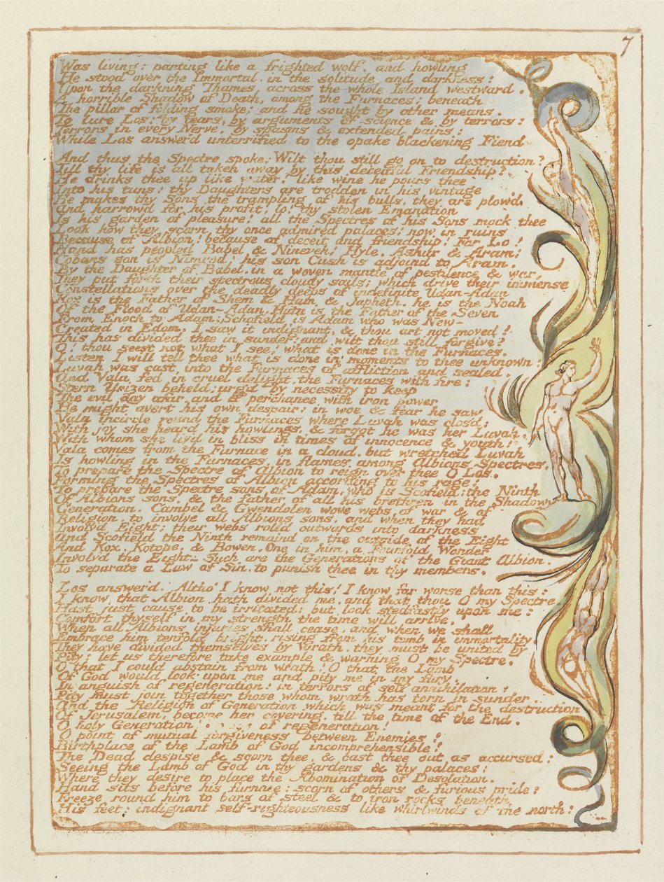 Levde: flämtande..., skylt 7 från Jerusalem, 1804-20 (reliefetsning tryckt i orange med penna & wc) av William Blake