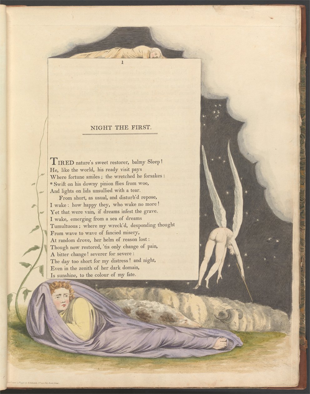 Youngs Night Thoughts, Page 1, Swift on His Downy Pinion Flies from Woe av William Blake
