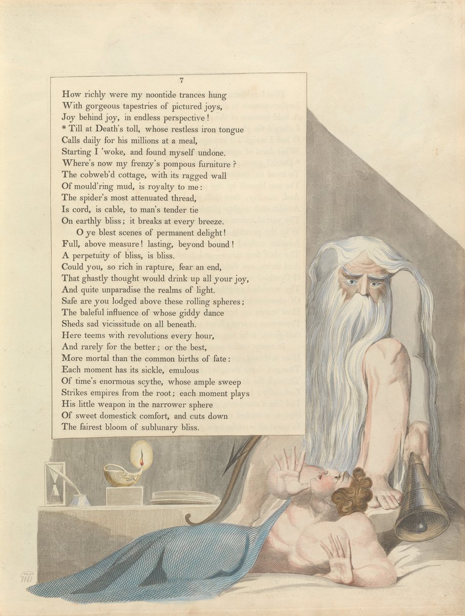 Youngs Night Thoughts, Sida 7, Till at Deaths toll, vars rastlösa järntunga av William Blake