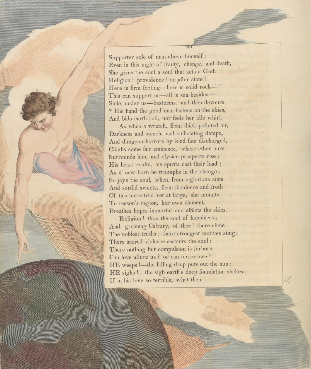 Youngs Night Thoughts, Sida 86, Hans hand den goda mannen fäster på himlen av William Blake