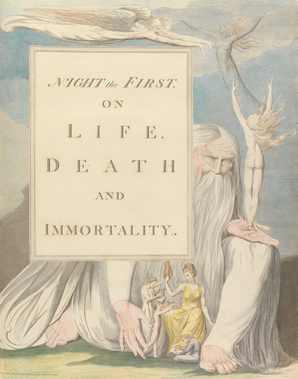 Youngs Night Tankes, Titelsida, Night the First, On Life, Death and Immortality. av William Blake