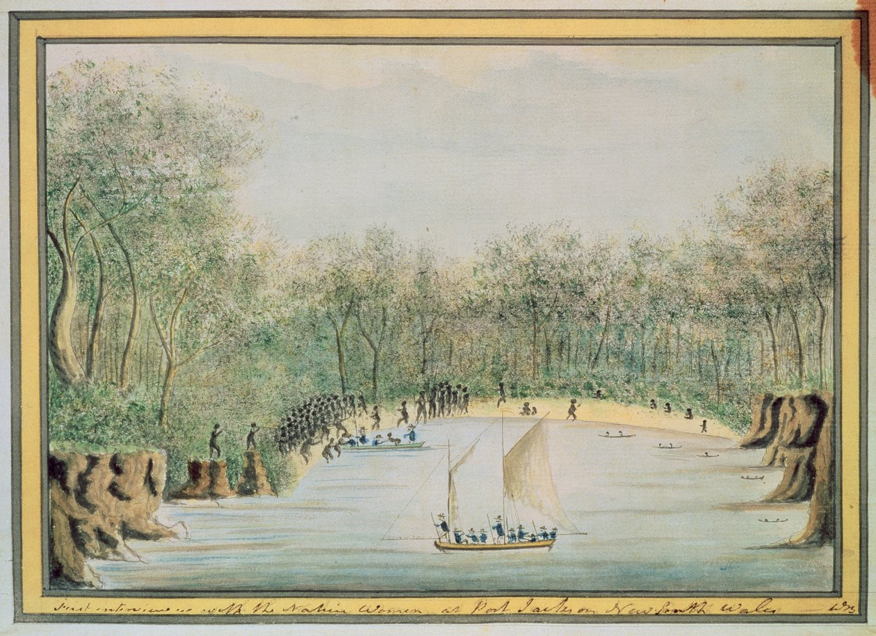 Första intervjun med de infödda kvinnorna i Port Jackson, New South Wales, 1788 av William Bradley